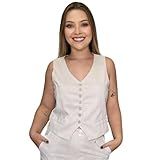 Colete Feminino Social Alfaiataria Linho Curto Forrado Com Botões  BR  Alfa  G  Regular  Regular  Bege 