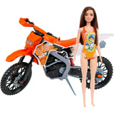 Combo Barbie Praia Castanha Mattel + Mega Motocross Kendy