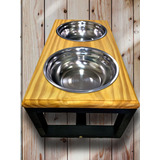 Comedouro Madeira Elevado C  2 Potes Inox P  Cães E Gatos
