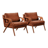 Conjunto   2 Poltronas Mona Luxo Madeira Maciça Castellar Cor Corino Caramelo