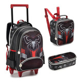 Conjunto 3 Peça Mochila Rodinhas Menino Dark Spider - Denlex