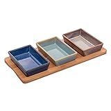 Conjunto 3 Petisqueiras De Cerâmica Com Bandeja De Bambu 31cm X 14,5cm X 3,5cm - Lyor