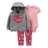 Conjunto 3pç Moletom Cinza Coração Floral Carter's
