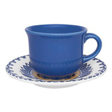 Conjunto 6 Xícaras Grandes 200ml Com Pires Oxford La Carreta Cor Azul E Amarelo