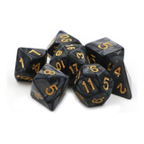 Conjunto 7 Dados Rpg D d Preto Dourado Marmorizado   1 Bolsa Cor Preto Perolado Com Dourado