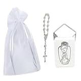 Conjunto Batizado 12 Caixa 4x4cm Anjo Prata 12 Mini Terço Pérolas 5mm 12 Organza 8x12cm Kit Lembrancinhas Mimos (branco)