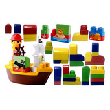 Conjunto Blocos De Montar Infantil Para Criança - Navio Barco Pirata Com Boneco - Acompanha Cartela De Adesivos Para Decorar - Brinquedo Unissex Menino Ou Menina - 49 Peças