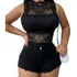 Conjunto Body Renda  Rendado Preto + Short Jeans