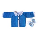 Conjunto Casaquinho Lã Croche Bebe Azul Com Branco
