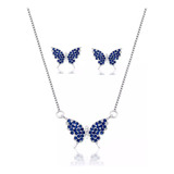 Conjunto Colar + Brinco Borboleta Cravejado Com Pedras Azul