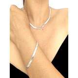 Conjunto Colar Choker Pulseira Fita Laminada Aço Inox Prata 