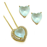 Conjunto Colar E Brinco Coração Cravejado Folheado Ouro 18k