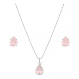 Conjunto Colar E Brinco Gota Prata 925 Pedra Quartzo Rosa