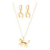 Conjunto Colar E Brinco Pingente Cavalo Folheado A Ouro 18k