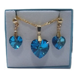 Conjunto Coração Cristal Swarovski Bermuda Blue Folh. A Ouro