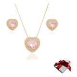 Conjunto Coracao Rosa Cravejado