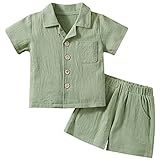 Conjunto De Roupas De Bebê Menino Roupa De Verão Infantil Algodão Linho Manga Curta Camiseta Top Bolso Camisa Camisa Shorts Conjunto De Botão, Verde, 3-4 Anos