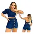 Conjunto Feminino Blusa + Short Saia Jeans Com Botões Escuro