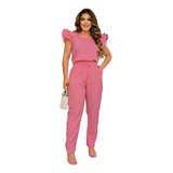 Conjunto Feminino Calça Blusa Linho Chique Básico Trabalho