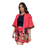 Conjunto Feminino Cardigan Kimono E Shorts Blogueira Premium