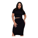 Conjunto Feminino Estiloso Elegante Saia Midi Cropped Lindo