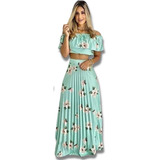 Conjunto Feminino Longo Plissado Detalhes Flores Maravilhoso