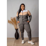 Conjunto Feminino Manga Longa Calça E Blusa Com Zíper Crepe 