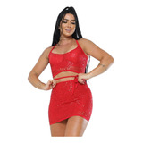 Conjunto Feminino Paete Saia E Cropped Com Bojo Festa