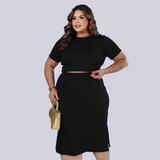 Conjunto Feminino Plus Size Cropped Saia Midi Fenda Modinha