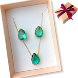 Conjunto Gota Colar Brinco Verde Turmalina Folheado A Ouro