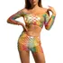 Conjunto Hot Pant Metalizado Com Arrastão Colorido Carnaval