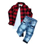 Conjunto Infantil Calça Jeans + Camisa Xadrez Manga Longa