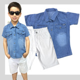 Conjunto Infantil Menino Bermuda + Camisa Jeans Premium