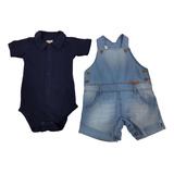 Conjunto Luxo Jardineira Jeans + Body Bebê Menino Ref 2482