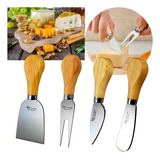 Conjunto Queijos Corte Garfo Faca Espátula Inox Cabo Madeira Cor Aço Inox Cabo Madeira