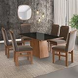 Conjunto Sala De Jantar Mesa 90x160cm Tampo Vidro Com 6 Cadeiras Madeira Maciça Tecido Joli Zamarchi