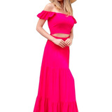 Conjunto Top Frufru Viscolinho Saia Cós Alto Lastex Babado