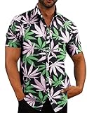 Coofandy Camisa De Praia Masculina Casual De Linho Com Botões E Manga Curta, Folhas De Palmeira Azuis E Brancas, Xxg