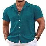 Coofandy Camisa Masculina Havaiana Manga Curta Floral Botões Camisas Tropicais Verão Praia Camiseta Gola Acampamento, Folha Verde Lago, G