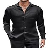 Coofandy Camisa Social Masculina Luxuosa De Cetim De Seda Brilhante Manga Longa Abotoada Camisa De Casamento Festa Formatura, Preto, G