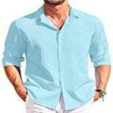 Coofandy Camisas Masculinas Casuais De Manga Comprida Com Botões Camisa Social De Linho Camisa Praia Verão Camisas Com Bolso, Azul Bebê, P