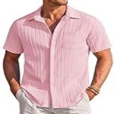 Coofandy Camisas Masculinas Casuais De Manga Curta Com Botões Na Moda Texturizada Verão Praia Camisa, Laranja, Rosa, 3g