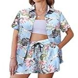 Coofandy Conjunto De Blusa Floral Para Meninos Havaianos Camisa E Shorts Femininos Combinando Para A Família, Feminino - Azul-celeste, M