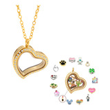 Coração Relicário Dourado Cravejado Inclinado 30mm + 5charms