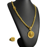 Cordão Friso S 8mm + Anel + Pingente Leão Banhado Ouro 18k 