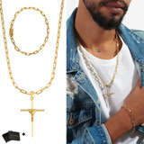 Corrente Cordão E Pulseira Masculina + Pingente De Cruz 