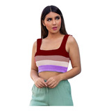 Cropped Colorido Blusa Feminina Tricot Listrada Arco Iris