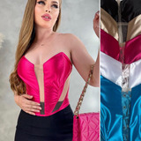 Cropped Corselet Feminino Em Cetim E Tule Moda Verão 2023