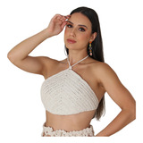 Cropped Crochê Top Eminino Verão Topinho Triangulo Amarrção
