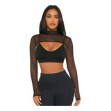 Cropped Feminino De Sobreposição Em Tule Manga Longa Moderno